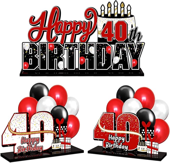 LINGTEER Happy 40th Birthday Red Acrylic Table Topper Centerpieces Set - Cheers to Forty Years Old Birthday 40th Bday Party Gift Decorations.