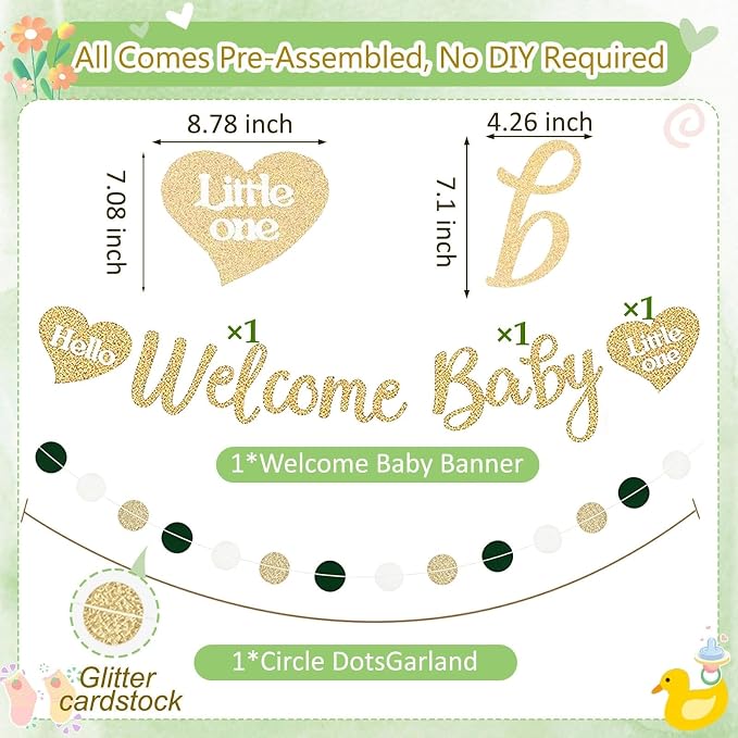 Sage Green Baby Shower Decorations Boy, Pre-Strung Welcome Baby Sign with Honeycomb Balls, Paper Flowers, Lanterns, Fans, Hanging Swirls, Circle Dots Garland for Boy Baby Shower Decorations 24pcs