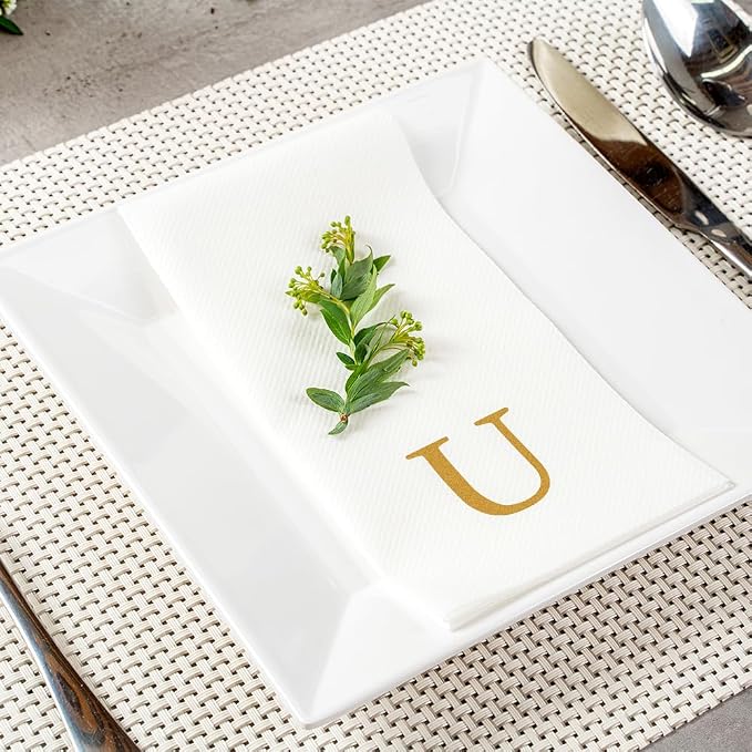Luxenap 15.8 X 7.9 Inch Linen-Feel Guest Towels, 2000 Lettered Hand Towels - Gold Letter 'U', Sans Serif Font, White Paper Dinner Napkins, airlaid, For Restrooms And Tables
