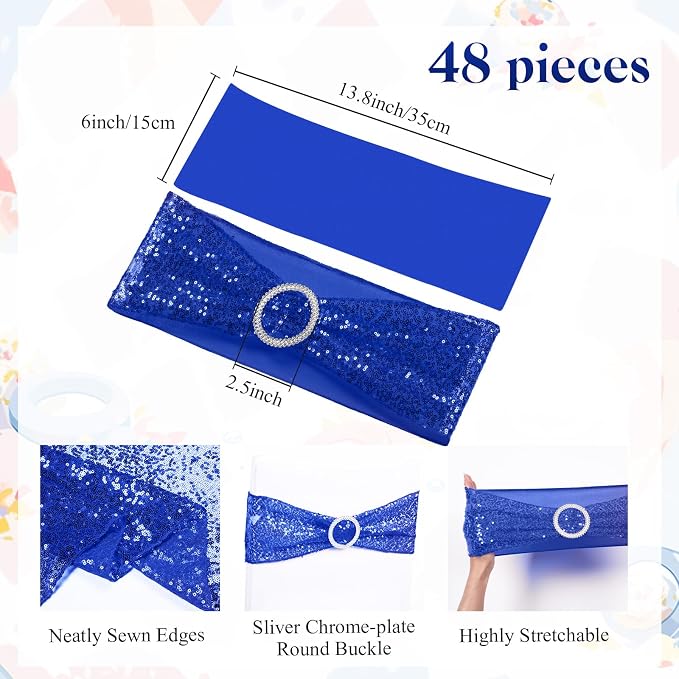Newwiee 54 Pcs Blue Sequin Chair Sashes and Table Runners, 48 Sequin Chair Bows, 6 Glitter Table Runners for Birthday Party Wedding Banquet Holiday Decorations