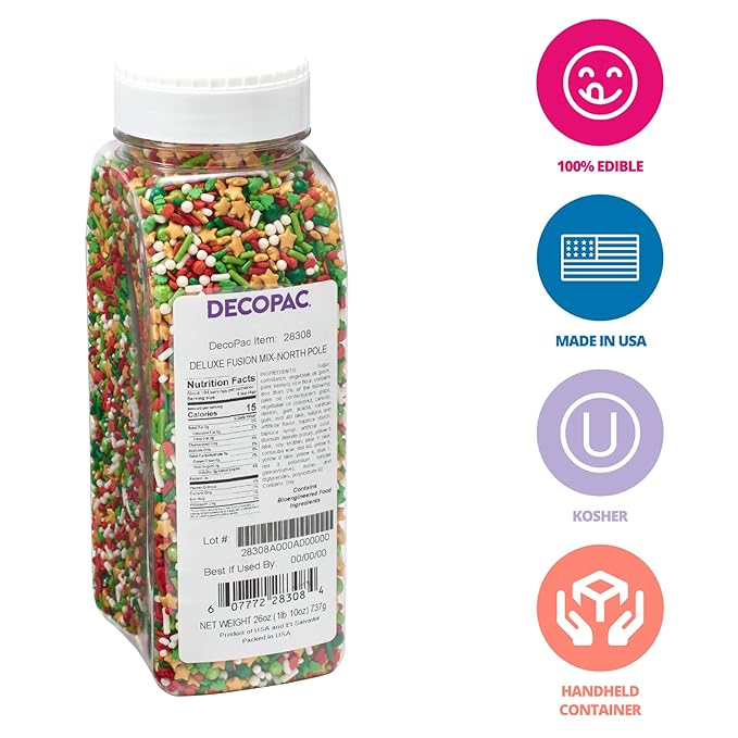 DECOPAC North Pole Fusion Mix Candy Sprinkles, 26oz, Fancy Christmas Gold Stars, Green Trees, Red Berries, Edible Festive Sprinkles For Celebration Cakes, Cupcakes, Cookies & Donuts (28308)