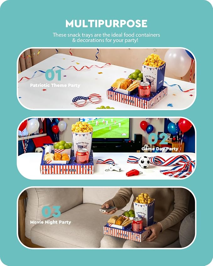 Baffect Patriotic Movie Night Snack Trays 100pcs Include 20 Red White Blue Snack Trays, 20 Popcorn Boxes, 20 Salad Bowls, 20 Nacho Bowls, 20 Party Invitations, 4th Of July Movie Night Supplies