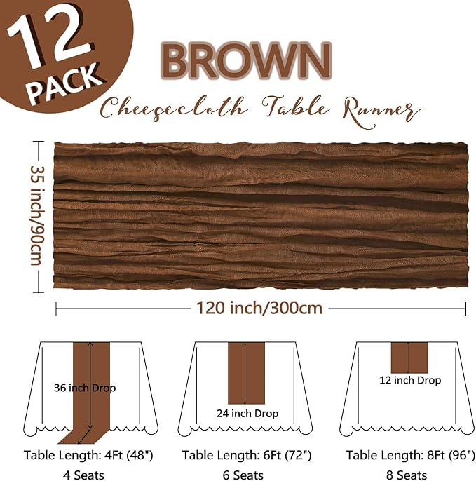 12 Pack Brown Cheesecloth Table Runner 10Ft Gauze Cheese Cloth Table Runner 35x120 Inch Boho Sheer Rustic Fabric for Party Decor Baby Shower Wedding Holiday Decorations