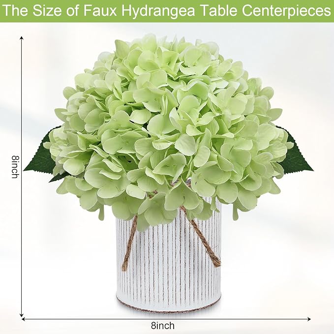 Set of 6 Artificial Flower Table Centerpieces - Light Green Fake Hydrangeas Floral Arrangement with Rustic Metal Vase for Baby Bridal Shower Birthday Party Event Decorations