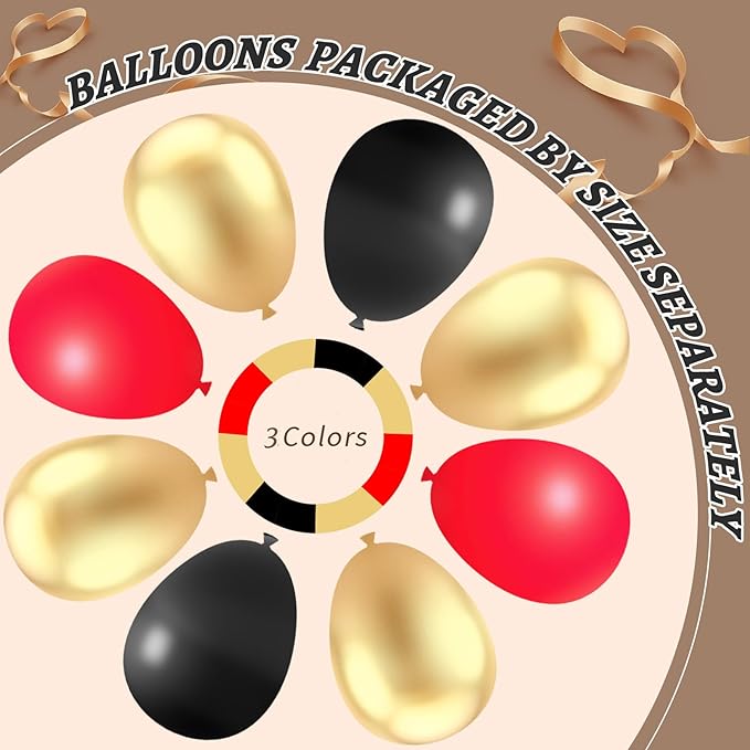 412Pcs Red Black Gold Balloons Arch kit,18 12 10 5 Inch Different Size Latex Balloons for Anniversary Casino Night Hollywood New Years Movie Night Birthday Decorations