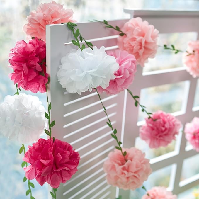 Gradient Pink Tissue Paper Pom Pom Garlands, Paper Flowers for Birthday Decorations, Baby Shower, Wedding Engagement, Bridal Shower, Spring Summer Party Decorations, 4 Pcs