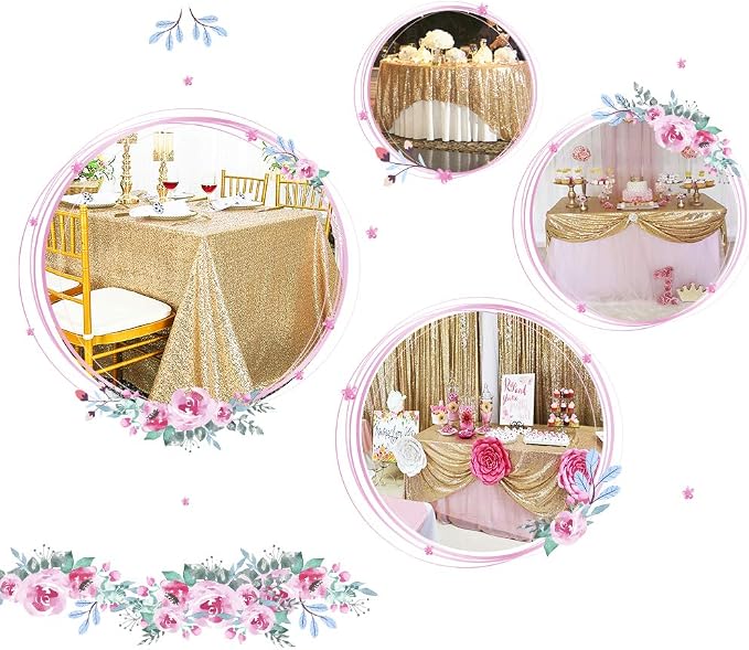 Juya Delight 90" x 156" Light Gold Sequin Rectangular‌ Tablecloth for Wedding Birthday Party Festival Ceremony Cake Dessert Table