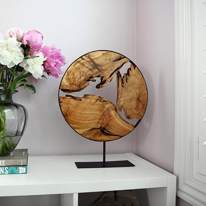 WELLAND Round Cedar Wood Sculpture 13.77" W x 13.77" D x 14" H, Wood Tabletop Sculpture, Irregular Shape décor for Living Room, Bedroom, Home Office