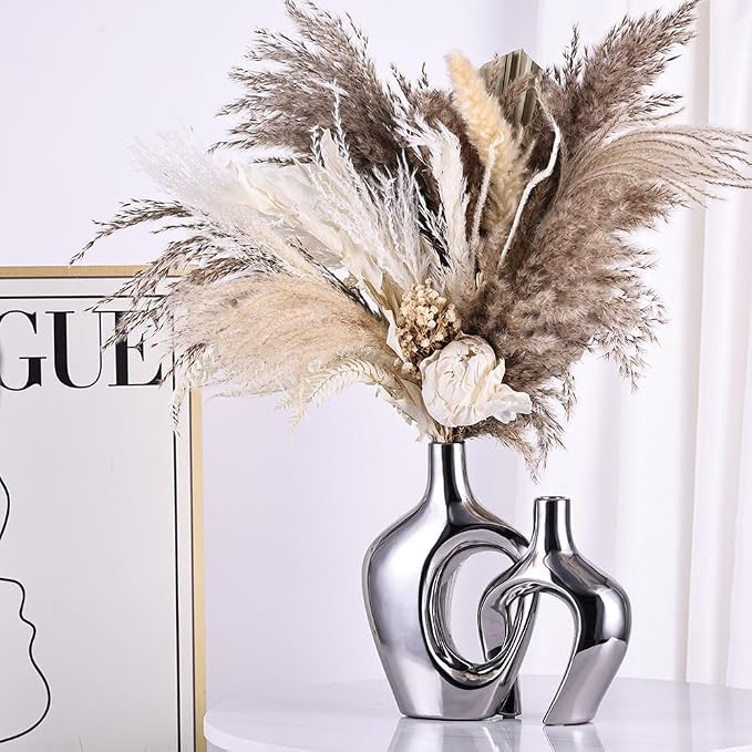Silver Hollow Ceramic Vases Set of 2 - Modern Nordic Boho ins Style Vases for Decor, Decorative Pampas Grass Flower Vases for Wedding, Living Room, Office, Entrance, Dining Table Decor Centerpieces