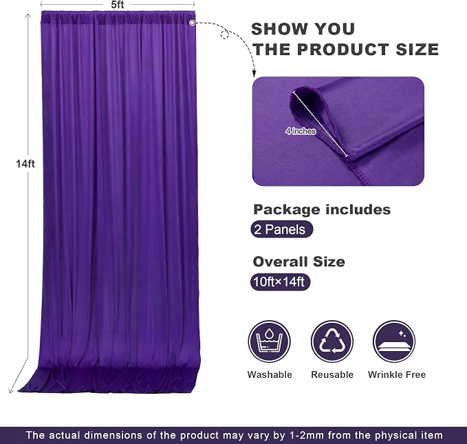 10x14ft Deep Purple Backdrop Curtains for Wedding Party, 2 Panels 14 ft Long Back Drop Cloth, Wrinkle-Free Polyester Drapes for Birthday, Baby Shower, Stage Photography Background