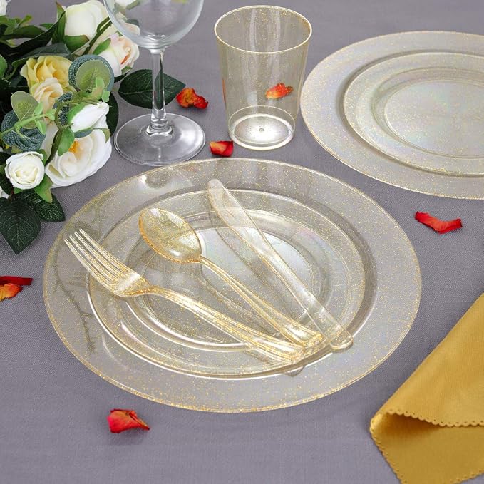 WELLIFE 300PCS Gold Glitter Plastic Plates, Gold Plastic Dinnerware Includes: 50 Dinner and 50 Dessert Plates, 150 Cutlery, 50 Cups for Party