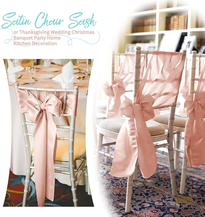 60 PCS Rose Gold Satin Chair Sashes, Ties Bows Designed Chairs Decorative, Chair Cover Sashes for Thanksgiving Wedding Christmas Banquet Party Home Kitchen Decoration (7 x 108 inch)