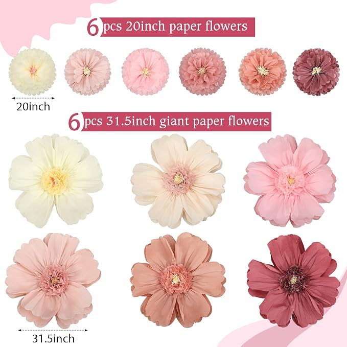 Crowye 12 Pcs Large Colorful Tissue Paper Flowers Decorations Giant Fiesta Craft Crepe Paper Flowers for Wall Decor Backdrop Mexican Wedding Birthday Carnival Party (20'' 31.5'',Vintage Color)