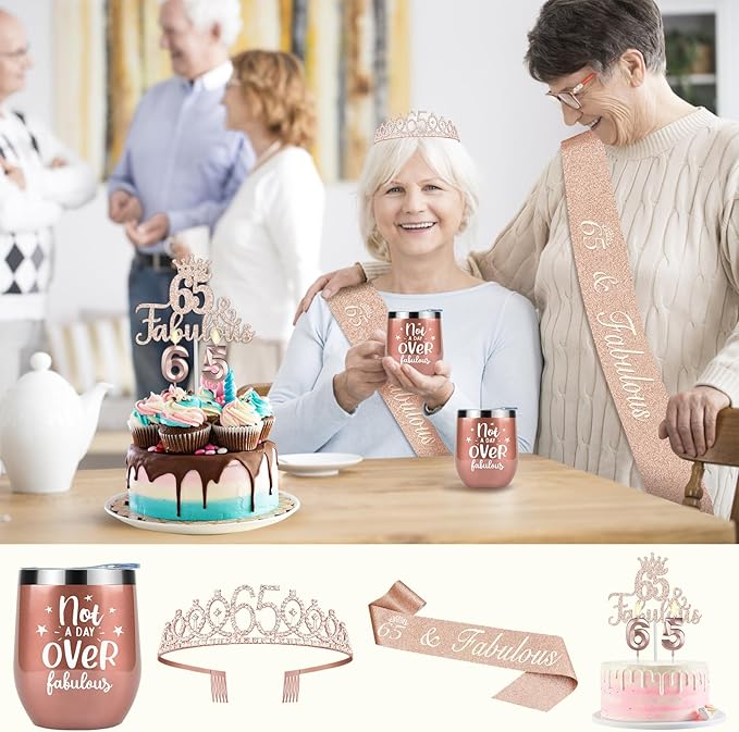 65th Birthday Decorations for Women Including Birthday Tiara and Sash, Candles & Cake Topper, 12oz Wine Tumbler with Lid, 65 Year Old Gifts for Women