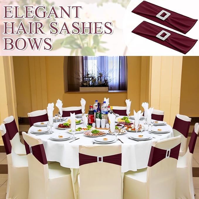 VitalCozy 100 Pcs Spandex Chair Sashes with Square Buckle Slider Stretch Chair Cover Band Universal Elastic Ties Straps Bows for Wedding Banquet Event Party Decoration(Burgundy)