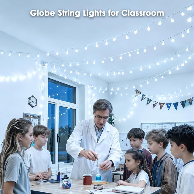 100LED Connectable Classroom String Lights Indoor Outdoor, 43ft White Globe Lights Plug in with Remote, 8 Lighting Modes Waterproof Fairy Light for Bedroom Classroom Wedding Christmas Decorations