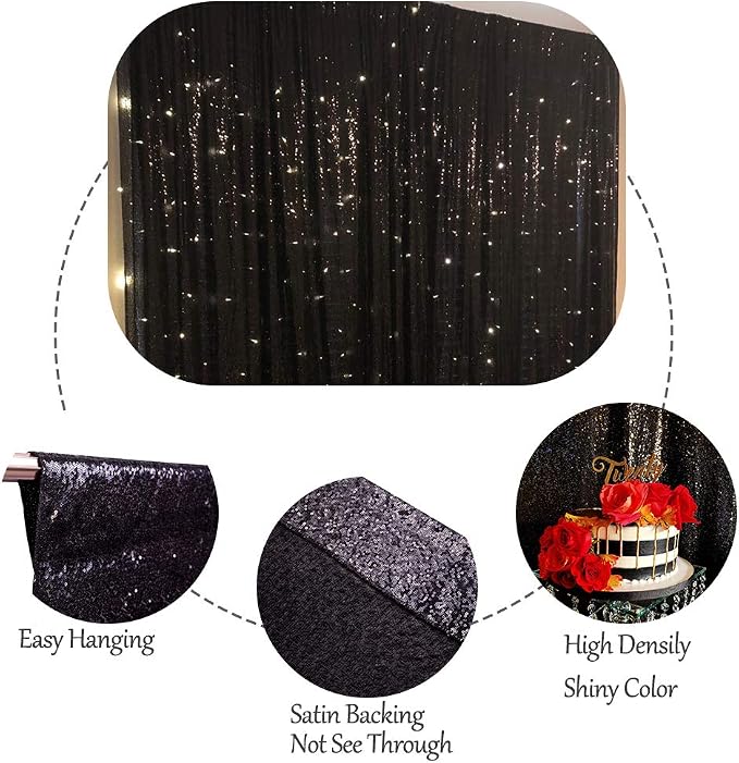 SquarePie 6x8ft Black Sequin Backdrop for Photography, Satin-Backed Real Sequin Curtain, Enhanced Coverage Shimmering Background with 4" Rod Pocket for Wedding, Birthday, Party Decor, 1 Panel
