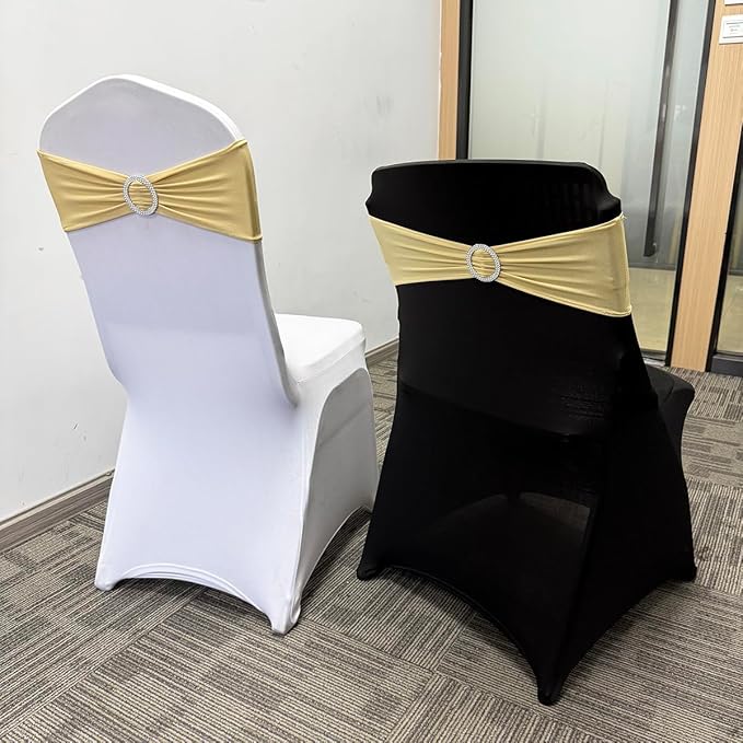 Spandex Chair Sashes Bands 100PCS Stretch Chair Ties Bows with Buckle Slider for Wedding Party Banquet Decoration (Champagne)…