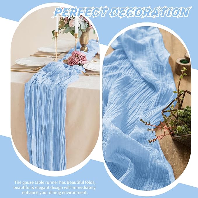 20 Pack Cheesecloth Table Runner - 17x108 Inch Light Blue Boho Gauze Cheese Cloth Table Runners for Baby Bridal Shower Decoration Wedding Party Summer Garden Farmhouse