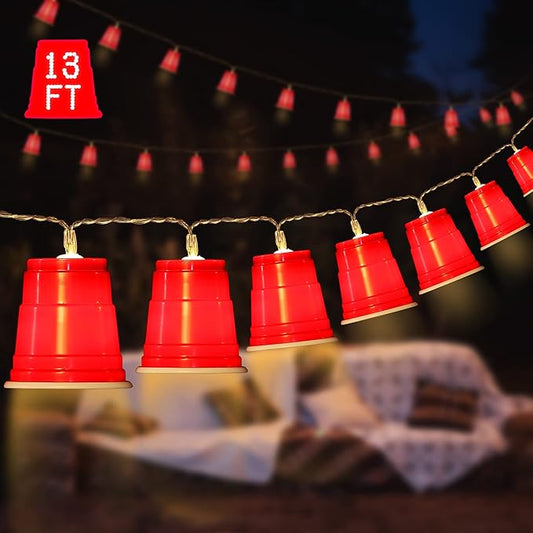 Hiboom 1 Pack 13 FT 20 LED Cups String Lights, Mini Shot Cups Fairy Light Decoration, Battery Operated Party LED Novelty Cup Decor for College Graduation Party Supplies Home (Red)