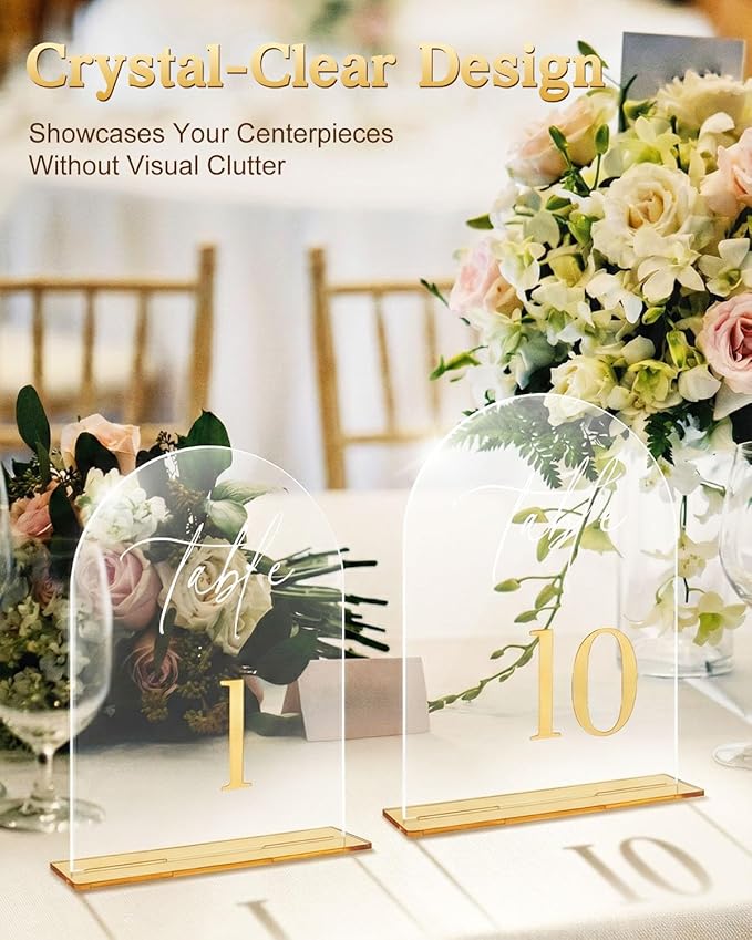 Arched Wedding Table Numbers 1-10 with Stands 5.5 x 7” Gold Number Clear Acrylic Table Numbers Signs for Wedding Reception, Anniversary, Event, Party(1-10)