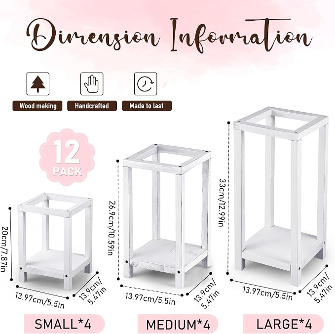 Geelin 12 Set Wooden Wedding Lantern Centerpiece Decor Baptism Lantern Candle Holder for Table Centerpiece Wedding Party Baby Shower Home Country Porch Patio Decor(7.87'', 10.59'', 12.99'',White)