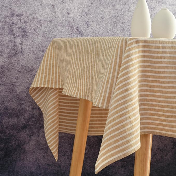 Linen Tablecloth- 60x108 Inch Stripe Pure Linen Light Brown and White Table Cloth for Rectangle Tables, for Fall, Autumn, Thanksgiving, Machine Washable