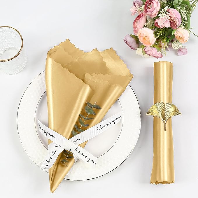 Homiest Gold Satin Napkins - 100 Pack (17x17 Inches), Scalloped Square - Silky & Elegant, Perfect for Wedding, Dinner & Party