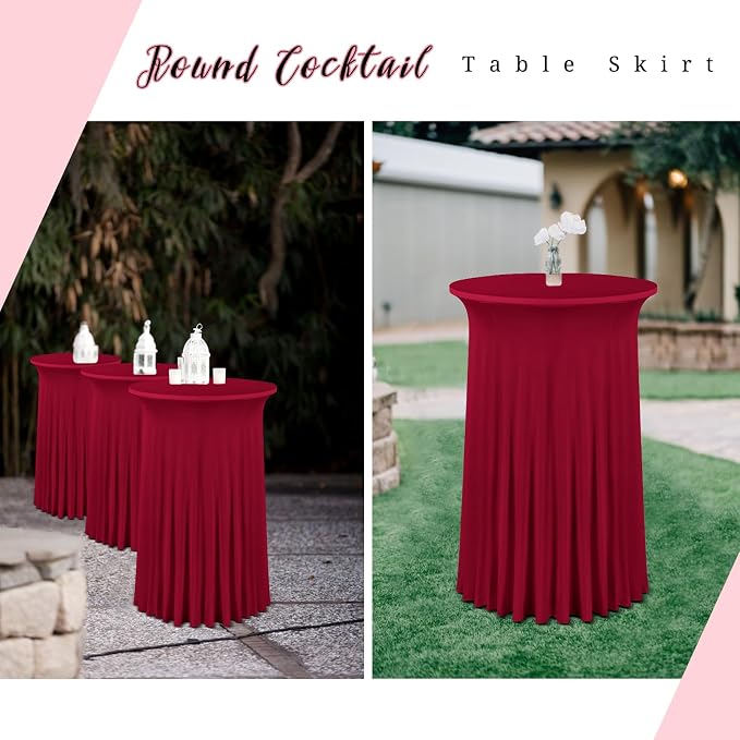 fani 6 Packs 32"x 43" Round Cocktail Table Skirt, Spandex Fitted High Top Table Skirt, Spandex Stretch Cocktail Tablecloth for Wedding Party Bar Banquet Birthday Tables(Burgundy)