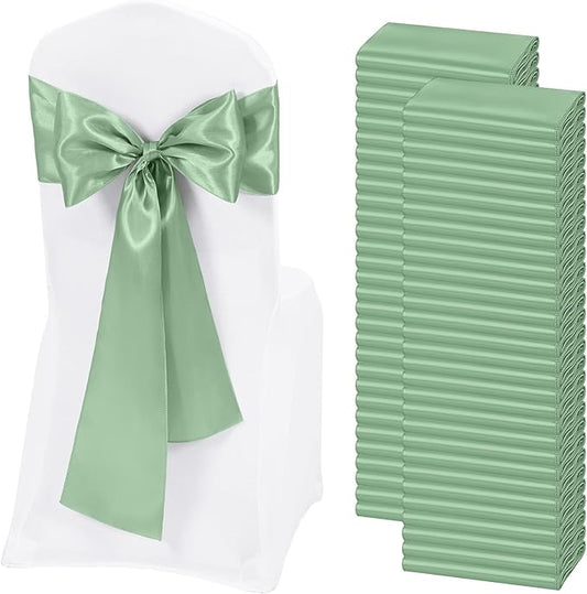 60 PCS Sage Green Satin Chair Sashes, Ties Bows Designed Chairs Decorative, Chair Cover Sashes for Thanksgiving Wedding Christmas Banquet Party Home Kitchen Decoration (7 x 108 inch)