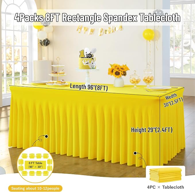 leegleri 4 Pack Yellow Spandex Fitted Table Clothes for 8 Foot Rectangle Tables, Wrinkle Free 8ft Spandex Table Cover, Spandex Table Skirt for 8FT Rectangle Tables-for Banquet Weddings Parties