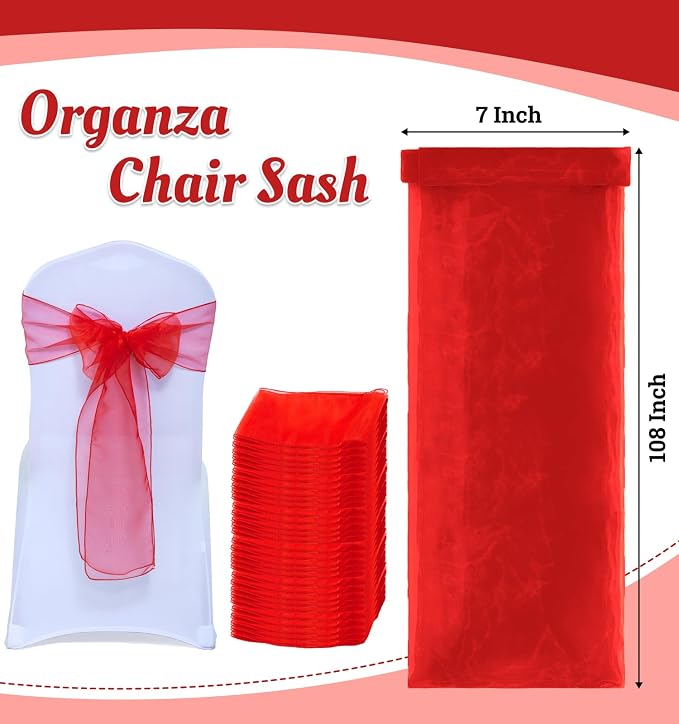 MDS® Pack of 50 Organza Chair Sashes for Wedding Decoration, Reusable Sheer Chair Bows for Banquet Chair Cover, Reception, Bridal Shower, Baby Shower, Birthday Party & Special Events - Red