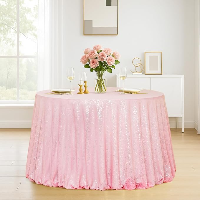 Eternal Beauty Pink Tablecloth, 120 Inch Round Sequin Tablecloth for Mother's Day Party Cake Dessert Table Exhibition Events