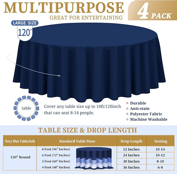 Showgeous 4 Pack Navy Blue Round Tablecloth - 120 Inch Polyester Table Cloth - Washable Decorative Fabric Table Covers for Wedding, Dining, Party, Banquet, Buffet