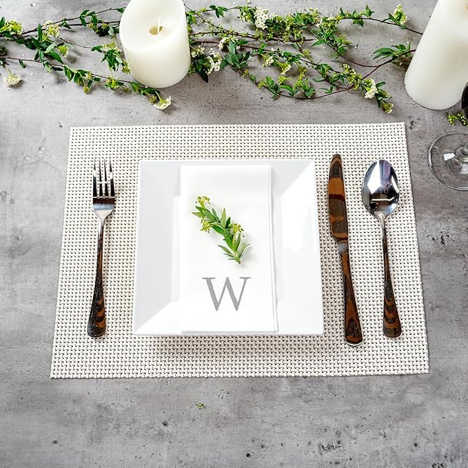 Luxenap 15.8 X 7.9 Inch Linen-Feel Guest Towels, 50 Lettered Hand Towels - Silver Letter 'W', Sans Serif Font, White Paper Dinner Napkins, airlaid, For Restrooms And Tables - Restaurantware