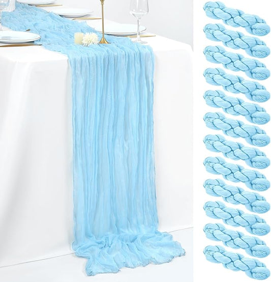 12 Pack 10Ft Baby Blue Cheesecloth Table Runner 35 x 120 inch Boho Gauze Cheese Cloth Table Runner Vintage Rustic Sheer Runners for Wedding Bridal Shower Birthday Party Cake Table Decorations