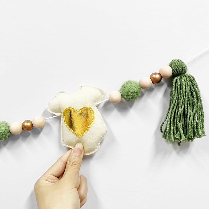 Sage Green Gold Baby Clothes Decorations Handmade Pre-Strung Felt Baby Clothes Banner Wool Felt Ball Wooden Bead Garland for Neutral Baby Shower Gender Reveal Party Nursery Fireplace Home Decor