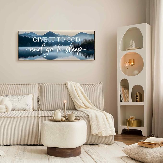 TLESKE Give It to God and Go to Sleep Sign Large Wall Art Decor Framed 15x40, Above Bed Over Bed Canvas Wall Art Decor Print for Bedroom, Boho Mountains Bedroom Signs Wall Artwork Picture