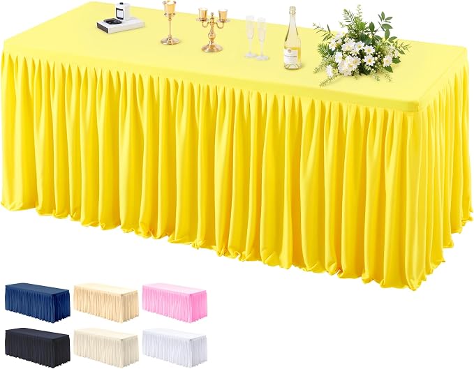 PARTISKY 1 Pack Yellow Tablecloths for Rectangle Tables 8ft, Wrinkle Resistant Spandex Table Cover Fitted Stretch Table Cloth with Pleated Ruffle Skirts for Party Banquet Dining Birthday Wedding