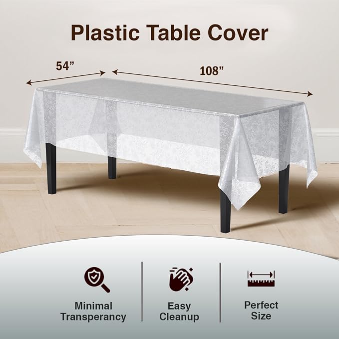 Exquisite Lace Table Cloth Rectangle Table Plastic 12-Pack Lace Tablecloth Rectangular 54" X 108" | Clear & White Floral Tablecloth Disposable | Wild Flower Party Decorations & Party Supplies