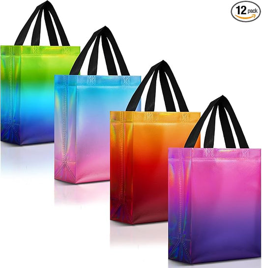 Nush Nush Set of 12 Rise Mix Medium Gift Bags - Colorful, Stunning and Shiny Reusable Gift Bags With Handles - Ideal Goodie Bag for Kids Birthday Party, Wedding Party Favors, Holidays, Events - 8x4x10