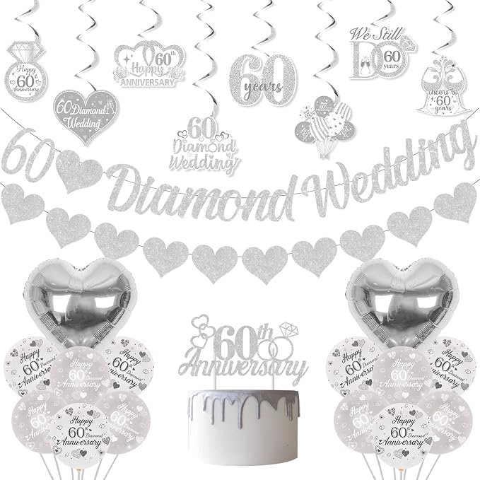 60th Diamond Wedding Anniversary Decorations, Glitter Banner, Cake Topper, Hanging Swirl, Silver Heart-shaped Love Foil Balloons, Festival Celebration Party Supplies Sets