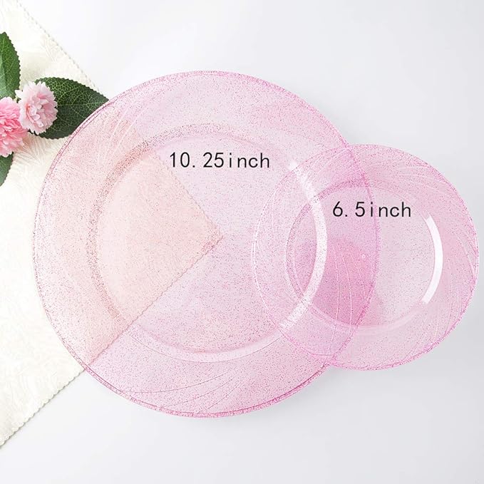 WDF Rose Gold Pink Plastic Plates with Pink Plastic Silverware include 40 Dinner & Salad Plates, 40Forks, 40 Knives, 40 Spoons for Party Baby Shower Wedding Spring Mother's Day