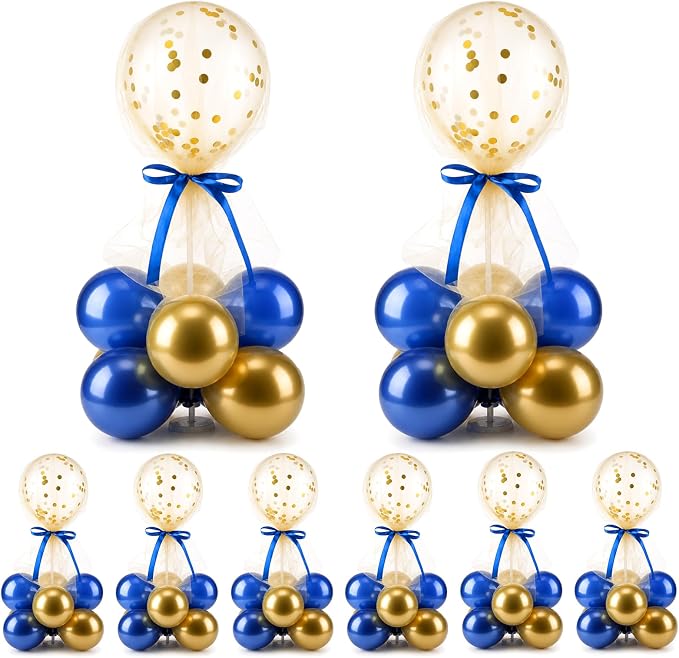 BBTO 8 Set Blue Gold Balloon Centerpieces for Table, Balloons Stand Kit with Base Tulle for Wedding Birthday Grad Prom Centerpieces Party Back to School Baby Shower
