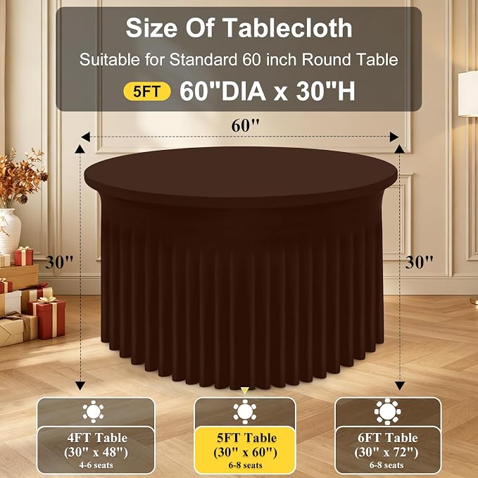 Smiry Round Spandex Tablecloth, Elastic Fitted Washable Tablecloths for 60 Round Tables, Waterpoof Stretch Table Cover Skirt for Outdoor, Wedding, Banquet & Parties, Coffee