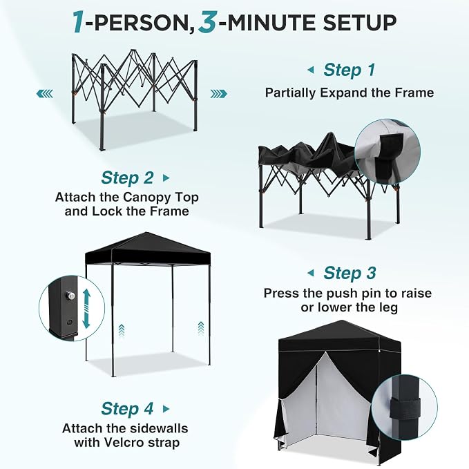 EAGLE PEAK 6x4 Instant Pop Up Canopy Tent with 4 Side Wall Panels, Straight Leg Sun Shelter, Portable Canopy with Carry Bag for Camping, Beach & Sports, Black