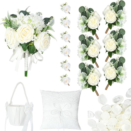 Giegxin 16 Pcs Ivory Rose Wedding Artificial Flowers Package, Bridal Bouquet, 6 Bridesmaid Bouquets, 6 Boutonniere for Men, Rose Petals for Wedding Ceremony Anniversary, Rustic Marriage Proposal