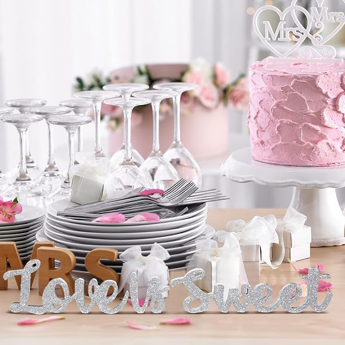 Love Is Sweet Table Decor Hollow Sign Wooden Love Is Sweet Sign for Dessert Table Freestanding Wood Is Wooden Letter Top for Wedding Shelf(Glitter Silver)