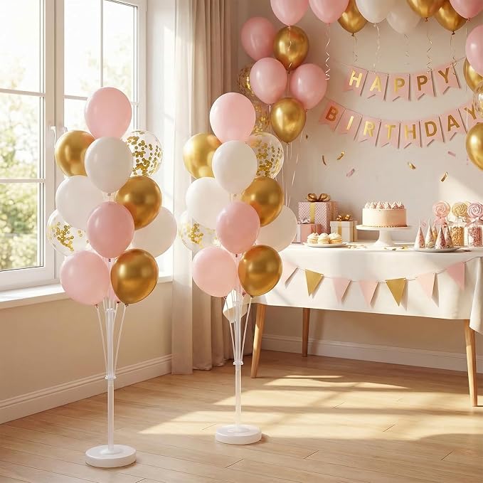 Balloon Column Stand Kit with Metallic Pearl Light Pink&Gold Balloons,Balloon Column Kit for Floor&Table Backdrop Decoration for Confession Proposal,Party Wedding Baby/Bridal Shower Birthday
