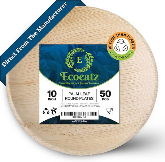 Palm Leaf Plates 10 Inch - 50 Pack Bamboo Disposable Round Plates, Heavy-Duty Compostable & Biodegradable, Microwave Safe, Eco-Friendly, Sturdy Design, Ideal for Dinner, Parties, Weddings & BBQs
